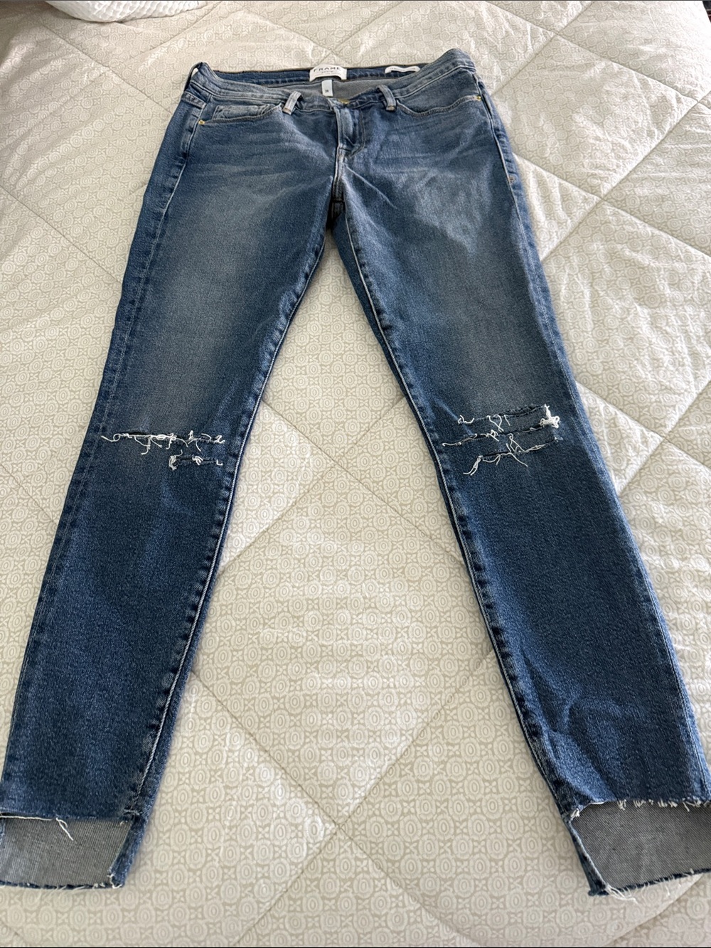 Frame Denim Blue Skinny Jeans with Knee Distressing